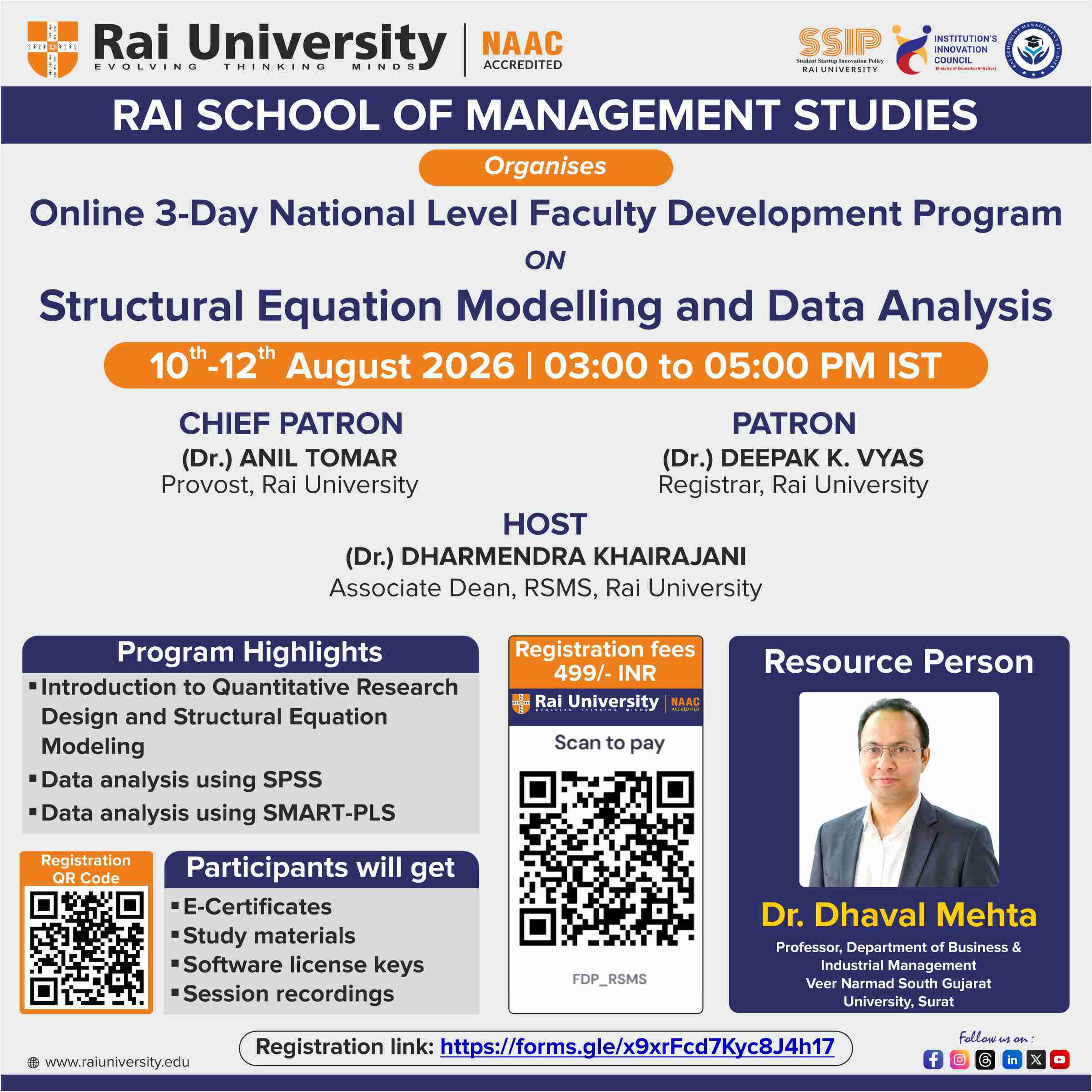 Online 3-Day National Level Faculty Development Program ON Structural Equation Modelling and Data Analysis