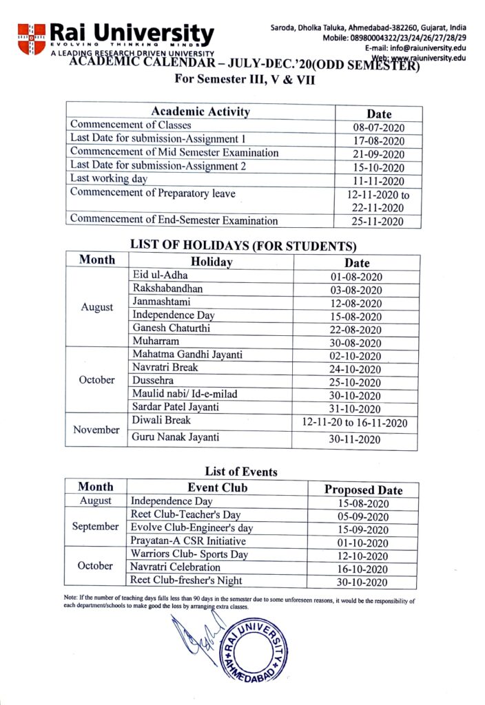 Academic Calendar Rai University Ahmedabad is offering Bachelors